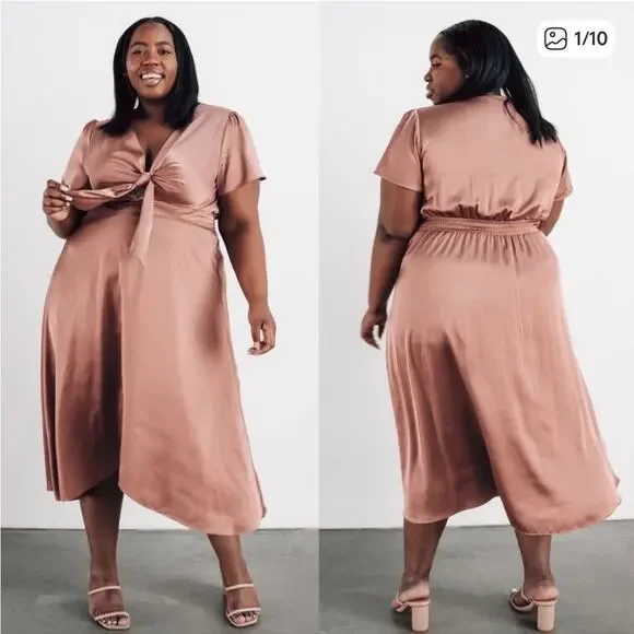 Baltic Born Poppy Satin Midi Dress Rosy Brown XXXL Tie Front - Picture 16 of 16